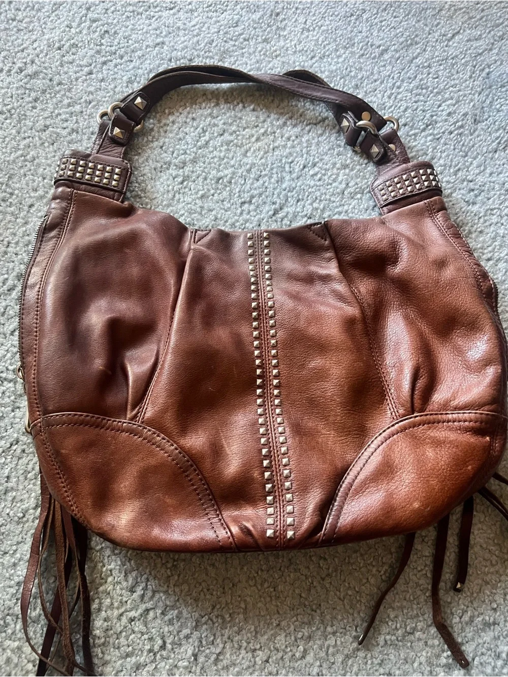 B. Makowsky Brown Animal Print Shoulder Bag, Zip, Studded Tassel, Pocket